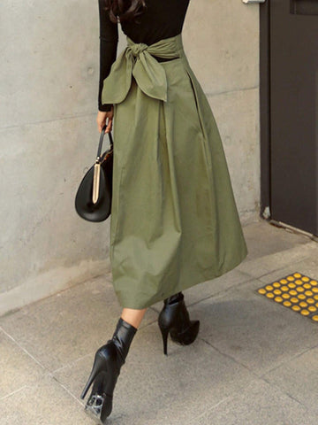 New Arrived A-Line Umbrella Skirt With Bowknot, Japanese Style Swing Slim Fit Self-Tie Waist Long Skirt