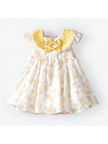 New Butterfly Sleeves Floral Dress With Bow For Girls" Spring/Summer 2024 Collection
