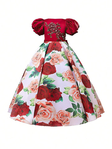 New Girls" Formal Dress In Satin With Puff Sleeves, Printed Princess Dress For Middle To Big Girls, Suitable For Piano Performance
