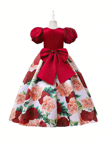 New Girls" Formal Dress In Satin With Puff Sleeves, Printed Princess Dress For Middle To Big Girls, Suitable For Piano Performance