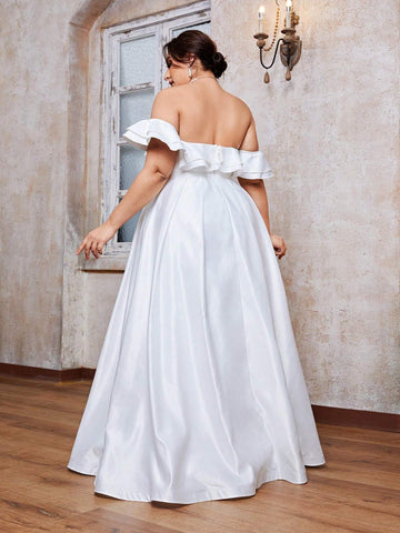 Off-Shoulder Satin Ruffle Hem Ball Gown Wedding Dress