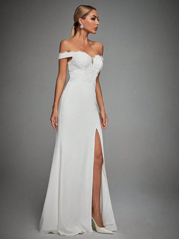 Off Shoulder Split Thigh Bustier Wedding Dress