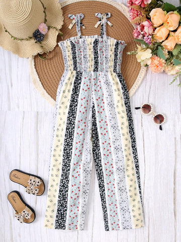 One Piece Children Jumpsuit For Summer New Fashion Girls Sling Romper Baby Wide Leg Pants With Floral Print