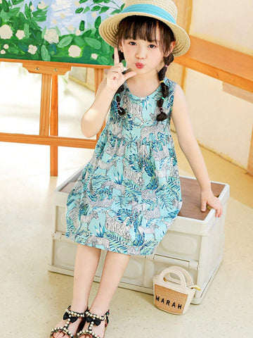 One Princess Style Cute Cartoon Animal Printed Loose Blue Leaf & Zebra Pattern Cotton Korean Version Floral Dress Summer Girls Spaghetti Strap Dress