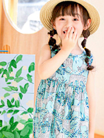 One Princess Style Cute Cartoon Animal Printed Loose Blue Leaf & Zebra Pattern Cotton Korean Version Floral Dress Summer Girls Spaghetti Strap Dress