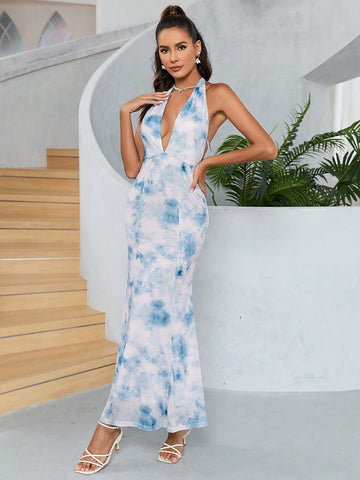 PARTHEA Tie Dye Backless Deep V-neck Ruched Bodycon Dress