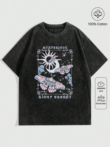 ROMWE Fairycore Random Butterfly And Sun & Moon Element Print Tie-Dye T-Shirt For Summer Casual Wear