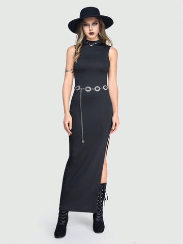 ROMWE Goth Gothic Black Back Spider-Web Hollow Out, High Slit, Sleeveless Maxi Dress For Women