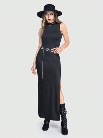 ROMWE Goth Gothic Black Back Spider-Web Hollow Out, High Slit, Sleeveless Maxi Dress For Women
