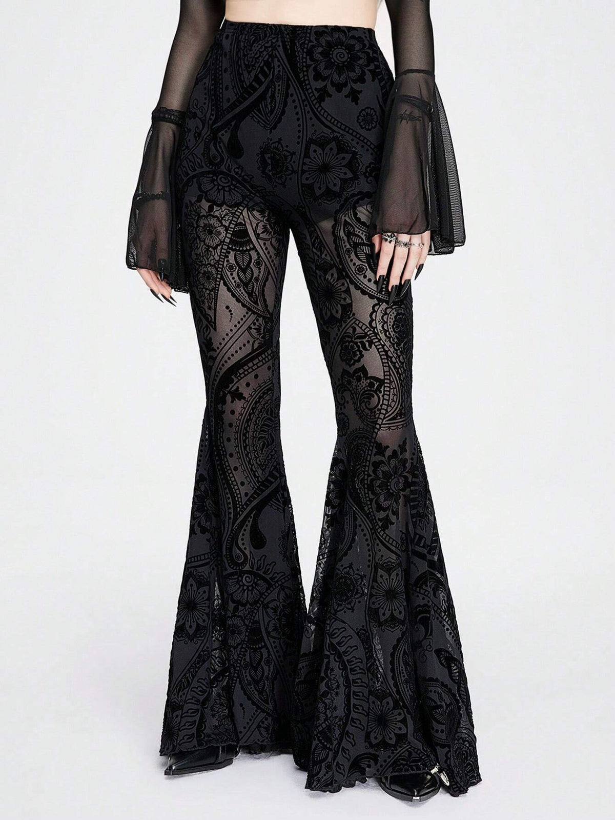 ROMWE Goth Mesh Paisley Pattern Flocked Lining Pants Transparent Flared Trousers
