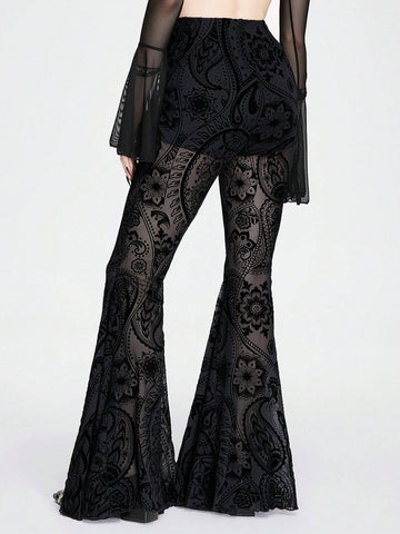 ROMWE Goth Mesh Paisley Pattern Flocked Lining Pants Transparent Flared Trousers
