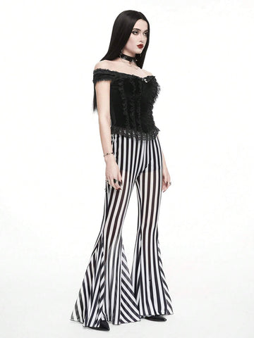 ROMWE Goth Women Black And White Striped Holiday Style Wide Leg Mesh Flared Pants