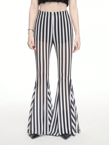 ROMWE Goth Women Black And White Striped Holiday Style Wide Leg Mesh Flared Pants