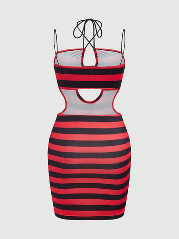 ROMWE Grunge Punk Striped Sexy Cami Dress With Hollow Out And Tie-Up Details