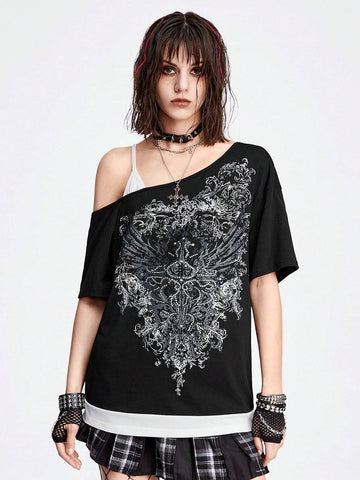 ROMWE Grunge Punk Women Dark Punk Wing & Stripe Printed Rhinestone Decorated Loose Fit Slouchy T-Shirt