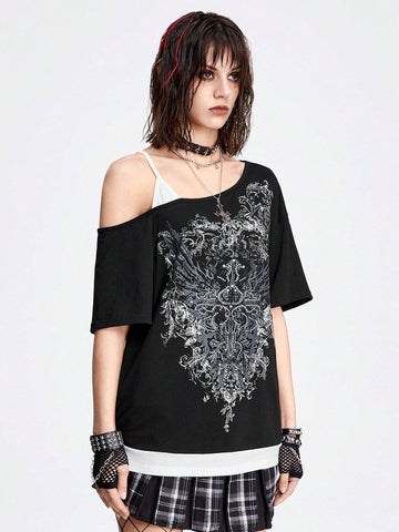 ROMWE Grunge Punk Women Dark Punk Wing & Stripe Printed Rhinestone Decorated Loose Fit Slouchy T-Shirt