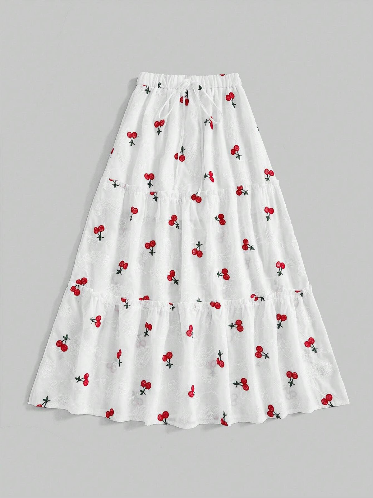 ROMWE Kawaii Women Casual Cherry Embroidery Jacquard Pleated Skirt With Lace Trim And Umbrella Hem
