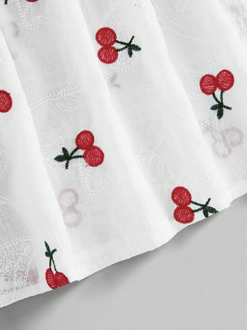 ROMWE Kawaii Women Casual Cherry Embroidery Jacquard Pleated Skirt With Lace Trim And Umbrella Hem