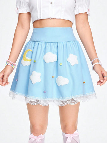 ROMWE Kawaii Women Casual Lace Patchwork Moon Cloud Printed Skirt For Summer