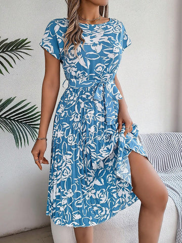 Real Shot Floral Print Batwing Sleeve Dress With Tie-Up Design & Pleated Hem, Spring/Summer
