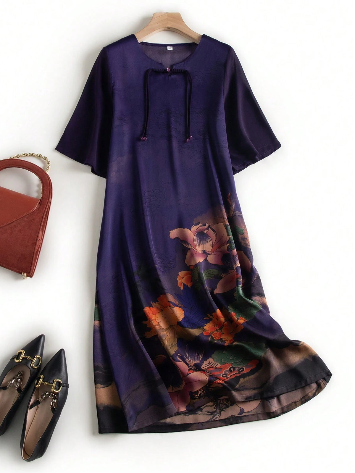 Round Neck Chinese Style Thin Button Up Mid Length Dress