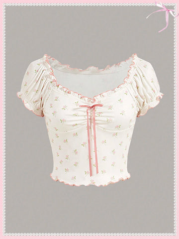 Coquette Summer Kawaii Ballet Style Pink Bow Puff Sleeve Ditsy Floral Summer T-Shirts Cute Summer