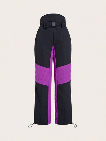 Two Tone Buckle Belted Pants
