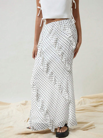 Women Black & White Polka Dot Chiffon Skirt With Ruffle Hemline, For Spring And Summer