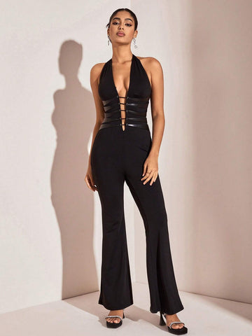 Back Zipper Solid Color Sexy Halter Neck Jumpsuit For Ladies Nightclub Party