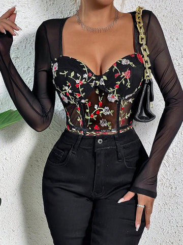 Floral Embroidery Mesh Panel Bustier Bodysuit