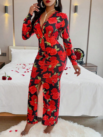 BAE Floral Print Sexy Outfits Red Party Dress V Neck Slit Hem Maxi Women Dress
