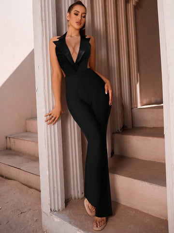 Ladies' Solid Color Sleeveless Jumpsuit With Suit Collar And Ribbed Pleats For Summer