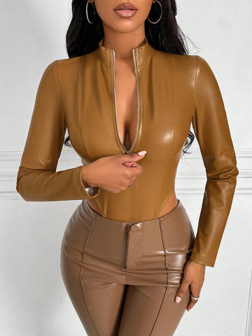 Long Sleeve Pu Jacket Stand Collar Jumpsuit