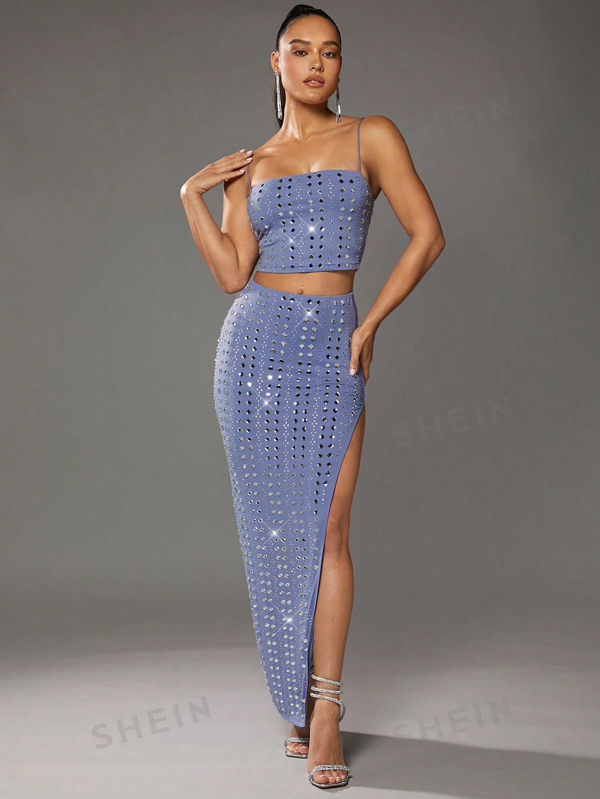 BAE Summer Prom Blue Rhinestone High Slit Tight Skirt For Women
