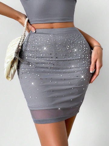 BAE Summer Sexy Transparent Sparkling Rhinestone Mesh Slim Skirt