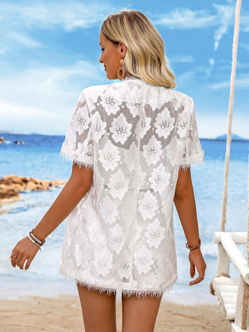 Women Beach Vacation Solid Color Lace Short Sleeve Open Front Top And Loose Shorts Set