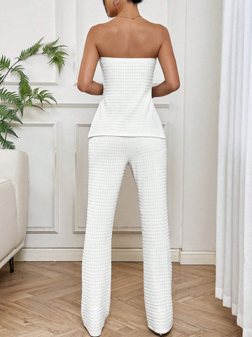 Women's Elegant White Hollow Out Strapless Top And Pants Set