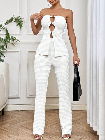 Women's Elegant White Hollow Out Strapless Top And Pants Set