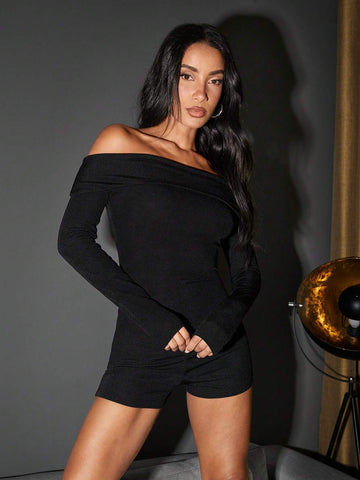 Women's Elegant & Sexy Black Off Shoulder Long Sleeve Tight Romper