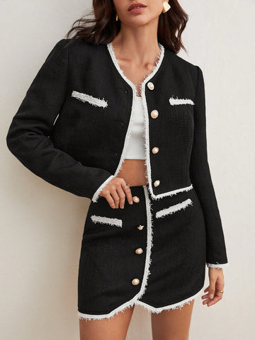1pc Contrast Trim Jacket & 1pc Skirt