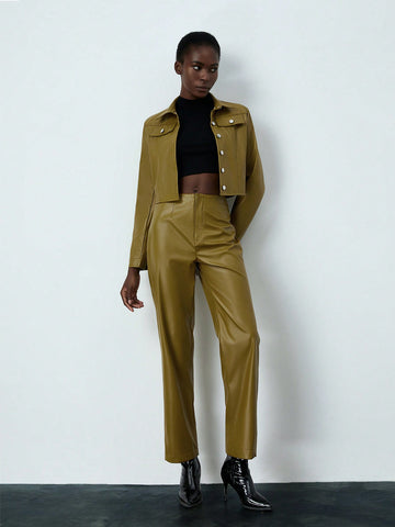 2pcs/Set Women'S Pu Leather Long Sleeve Jacket And Pants