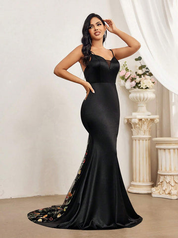 Elegant And Elegant Black Suspender V-Neck Mesh Custom Bra Cup High Waist Slim  Event Ladies Dinner Ball Dress (Heavyweight Industry Model)