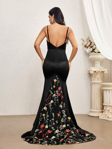 Elegant And Elegant Black Suspender V-Neck Mesh Custom Bra Cup High Waist Slim  Event Ladies Dinner Ball Dress (Heavyweight Industry Model)