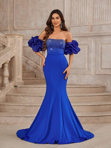 Elegant And Gorgeous Sapphire Blue Women's Rhinestone Puff Sleeve Tube Top Tight Fishtail Suitable For Vacation Wedding Party Graduation Season Extra Long Floor-Length Prom Dinner Evening Dress (Heavy Duty)