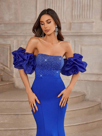 Elegant And Gorgeous Sapphire Blue Women's Rhinestone Puff Sleeve Tube Top Tight Fishtail Suitable For Vacation Wedding Party Graduation Season Extra Long Floor-Length Prom Dinner Evening Dress (Heavy Duty)