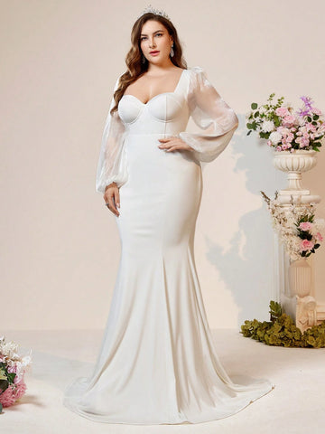 Elegant Atmosphere Simple White Plus Size Inclusive Luster Knit Square Neck Chest Cup High Waist Skinny See-Through Fine Shiny Luster Mesh Long Sleeve Splicing Slim Oversized Skirt Tail Drag Back Strap Outdoor Indoor Wedding Romantic Wedding Dresses