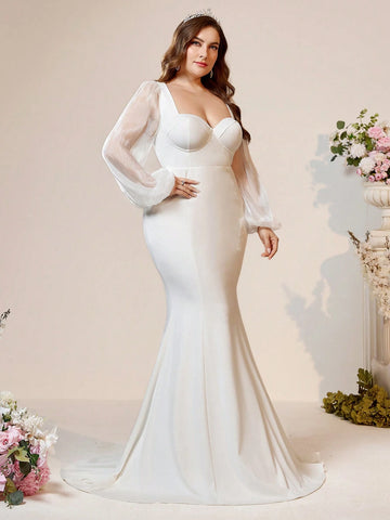 Elegant Atmosphere Simple White Plus Size Inclusive Luster Knit Square Neck Chest Cup High Waist Skinny See-Through Fine Shiny Luster Mesh Long Sleeve Splicing Slim Oversized Skirt Tail Drag Back Strap Outdoor Indoor Wedding Romantic Wedding Dresses