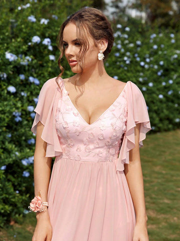 Elegant, Gorgeous And Romantic Lotus Pink Lace 3D Flower Splicing Pearl Chiffon Short Flutter Sleeves Suitable For Weddings, Holiday Parties, Proms, Vacation Graduation Dresses, Informal A-Line Pleated Bridesmaid Dresses