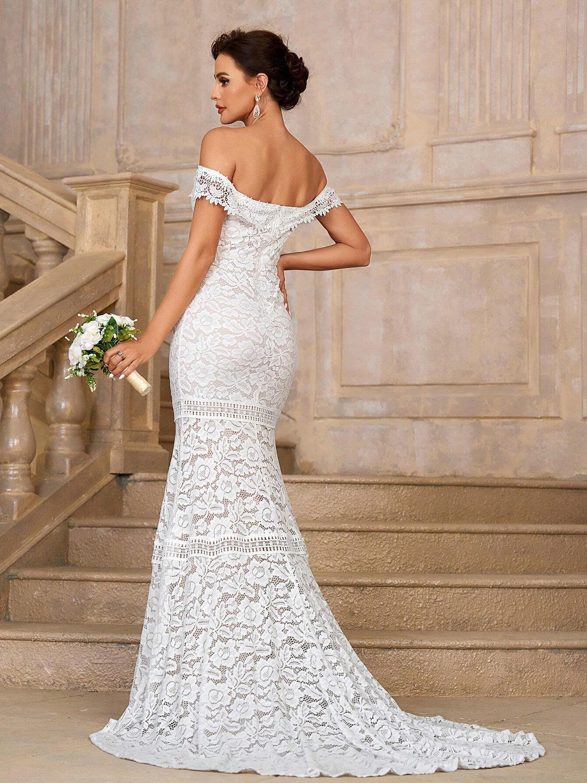 Elegant, Gorgeous And Romantic White One-Shoulder Off-Shoulder Mermaid Tail Stunning Stretch Lace Splicing Embroidered Lace Suitable For Weddings Holiday Parties Prom Holiday Long Train Floor-Length Wedding Dress