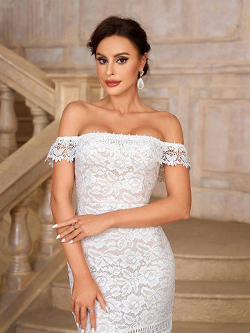 Elegant, Gorgeous And Romantic White One-Shoulder Off-Shoulder Mermaid Tail Stunning Stretch Lace Splicing Embroidered Lace Suitable For Weddings Holiday Parties Prom Holiday Long Train Floor-Length Wedding Dress